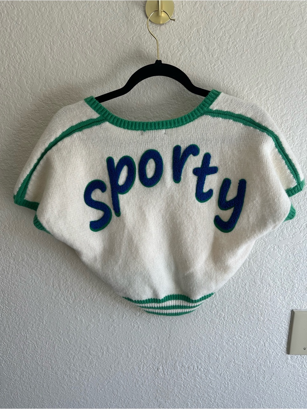 Fashion Nova White Sweater Top with Green Trim and Blue 'Sporty' Lettering